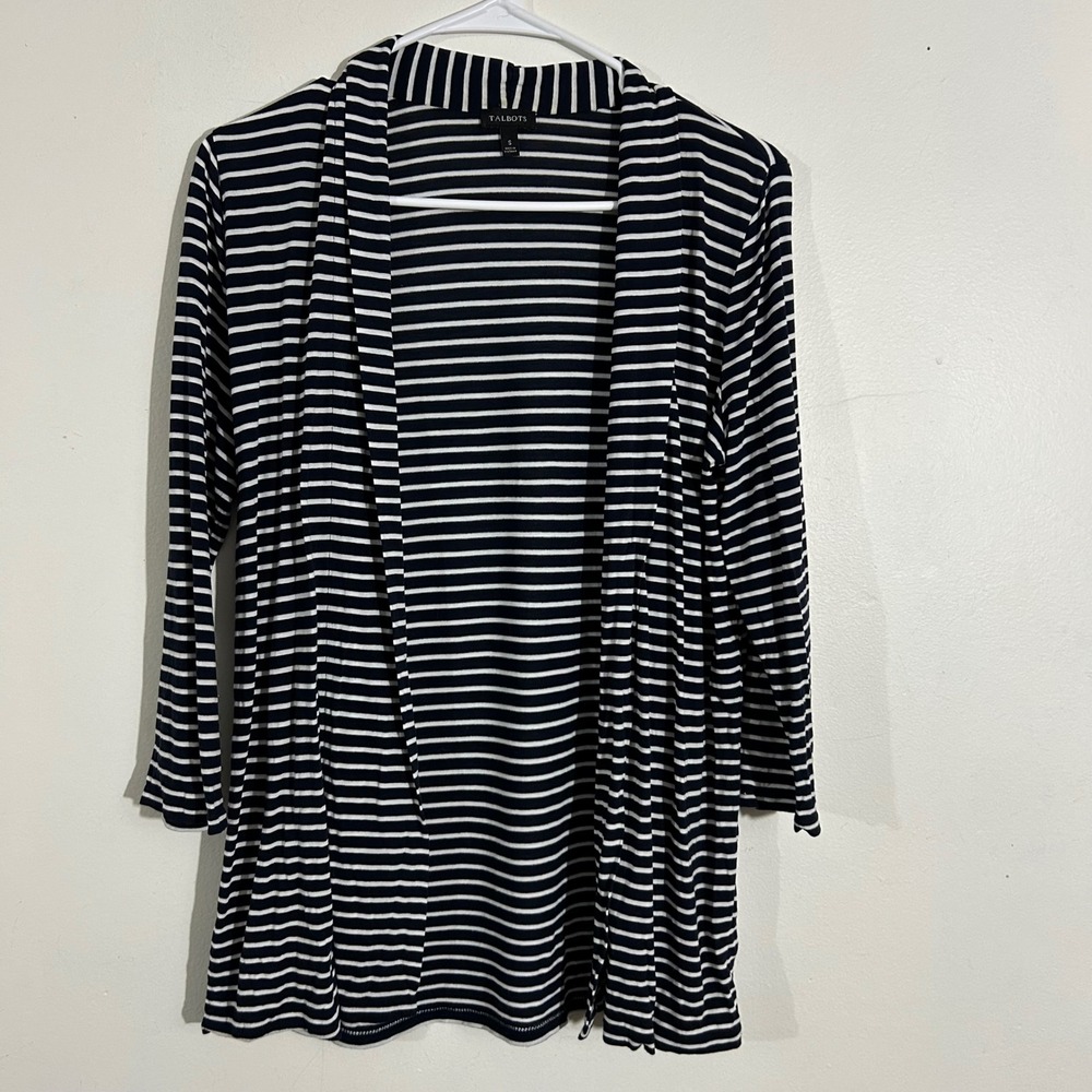 Talbots Striped Open Front Cardigan Sweater Top Knit Black‎ White S